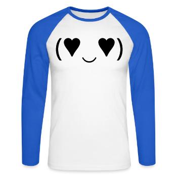 Amorous Emote (♥‿♥) Heart Eyes Kaomoji - Unisex Long Sleeve Baseball T-Shirt - white/royal blue - Front - Nik (191cm)