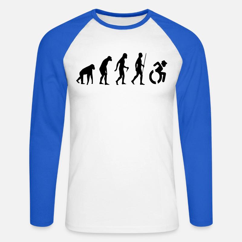 Evolution Rollstuhl. Die Rollstuhl-Evolution * - Unisex Baseballshirt langarm - Weiß/Royalblau