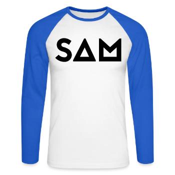 First name Samuel - Unisex Long Sleeve Baseball T-Shirt - white/royal blue - Front - Nik (191cm)