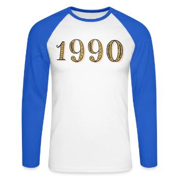 Geburtstagsgeschenk 1990 Vintage 1990 - Unisex Baseballshirt langarm - Weiß/Royalblau - Vorne - Nik (191cm)