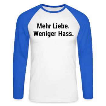 Liebe statt Hass für Menschenrechts Fans Frieden - Unisex Baseballshirt langarm - Weiß/Royalblau - Vorne - Nik (191cm)
