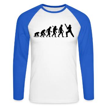 Cricket Evolution – Schlagmann – Ich Liebe Cricket - Unisex Baseballshirt langarm - Weiß/Royalblau - Vorne - Nik (191cm)