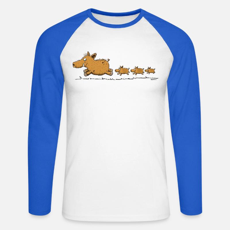 Cinghiale selvatico con piccoli, balena, foresta, cacciatore - Maglia da baseball a manica lunga da uomo - bianco/blu royal