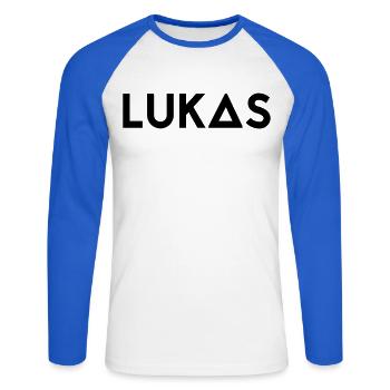 First name Lukas - Unisex Long Sleeve Baseball T-Shirt - white/royal blue - Front - Nik (191cm)