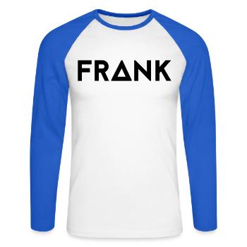 First name Frank - Unisex Long Sleeve Baseball T-Shirt - white/royal blue - Front - Nik (191cm)