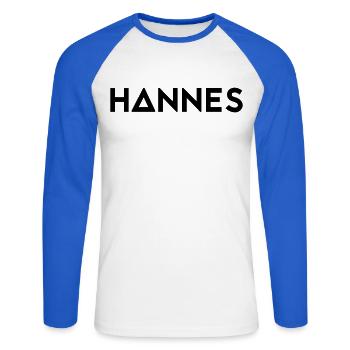 First name Hannes - Unisex Long Sleeve Baseball T-Shirt - white/royal blue - Front - Nik (191cm)