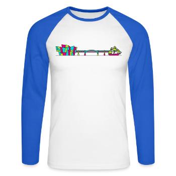 Dundee City Skyline V&A Museum Line Art - Unisex Long Sleeve Baseball T-Shirt - white/royal blue - Front - Nik (191cm)