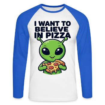 I Want To Believe In Pizza Alien - Unisex Baseballshirt langarm - Weiß/Royalblau - Vorne - Nik (191cm)