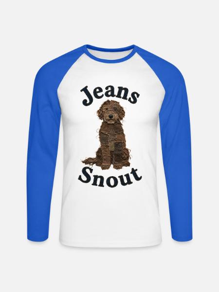 Brauner Doodle im Jeansflicken-Stil - Unisex Baseballshirt langarm - Weiß/Royalblau