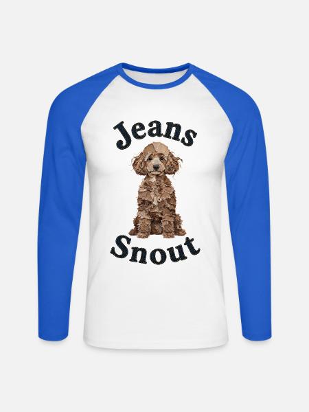 Hellbrauner Pudel im Jeansflicken-Stil - Unisex Baseballshirt langarm - Weiß/Royalblau