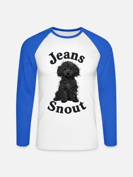 Schwarzer Toypudel im Jeansflicken-Stil - Unisex Baseballshirt langarm - Weiß/Royalblau