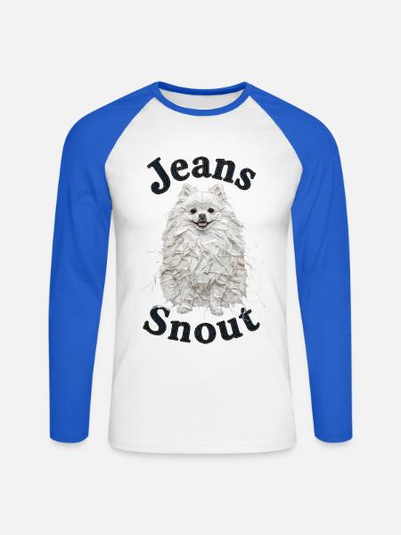 Weißer Spitz im Jeansflicken-Stil - Unisex Baseballshirt langarm - Weiß/Royalblau