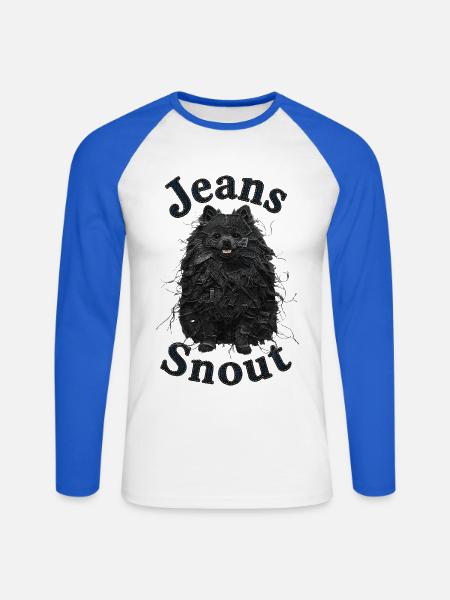 Schwarzer Spitz im Jeansflicken-Stil - Unisex Baseballshirt langarm - Weiß/Royalblau