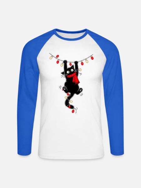 Katze mit Lichterkette – Christmas Vibes - Unisex Baseballshirt langarm - Weiß/Royalblau
