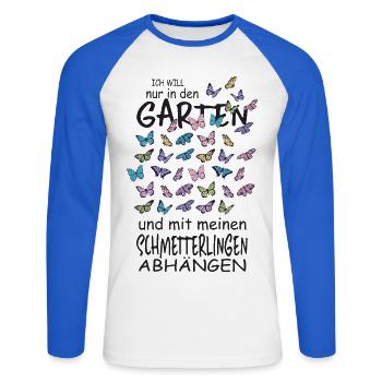 Schmetterlinge und mein Garten - Unisex Baseballshirt langarm - Weiß/Royalblau - Vorne - Nik (191cm)
