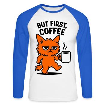 Mais d’abord chat café - T-shirt baseball manches longues Homme - blanc/bleu royal - Devant - Nik (191cm)