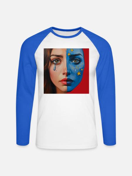 Cosmic Tears – Halbgesicht Kunstportrait - Unisex Baseballshirt langarm - Weiß/Royalblau