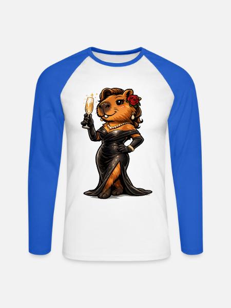 Capybara Dame im Abendkleid mit Schaumwein - Unisex Baseballshirt langarm - Weiß/Royalblau