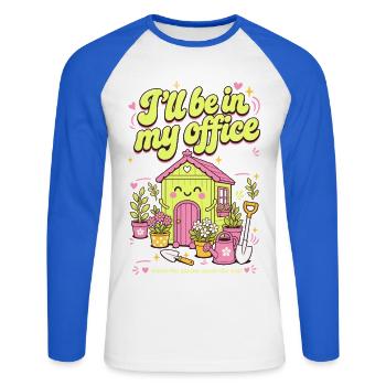 Je vais être dans mon bureau Jardinage bio - T-shirt baseball manches longues Homme - blanc/bleu royal - Devant - Nik (191cm)