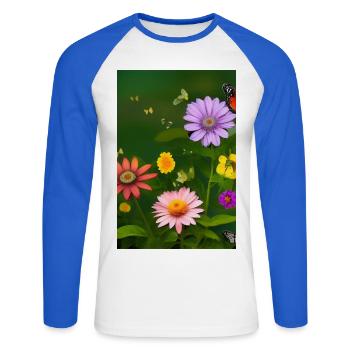 Fleurs et papillon - T-shirt baseball manches longues Homme - blanc/bleu royal - Devant - Nik (191cm)