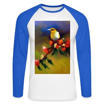 Oiseau sur branche avec des fleurs colorées - T-shirt baseball manches longues Homme - blanc/bleu royal - Devant - Nik (191cm)