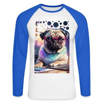 Bürohund Mops mit Laptop und pinker Brille Pop Art - Unisex Baseballshirt langarm - Weiß/Royalblau - Vorne - Nik (191cm)