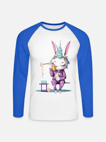 Einhorn im Pyjama Kaffeezauber - Unisex Baseballshirt langarm - Weiß/Royalblau
