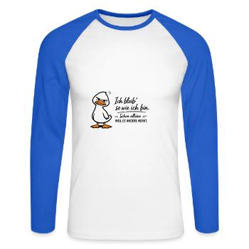 Ich bleib so wie ich bin, weil es andere stört - Unisex Baseballshirt langarm - Weiß/Royalblau - Vorne - Nik (191cm)