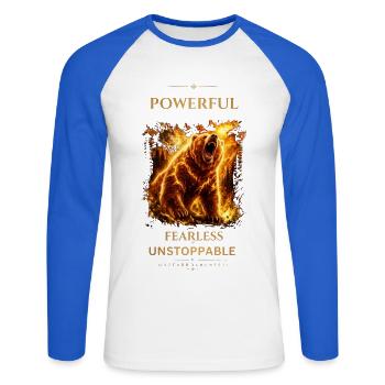 Bear- Powerful_Fearless_Unstoppable - Unisex Baseballshirt langarm - Weiß/Royalblau - Vorne - Nik (191cm)