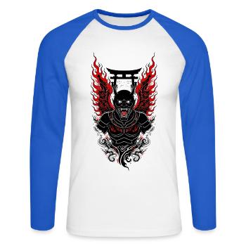 Geflügelter Oni-Dämon – Japanische Torii Rote Flammen – - Unisex Baseballshirt langarm - Weiß/Royalblau - Vorne - Nik (191cm)