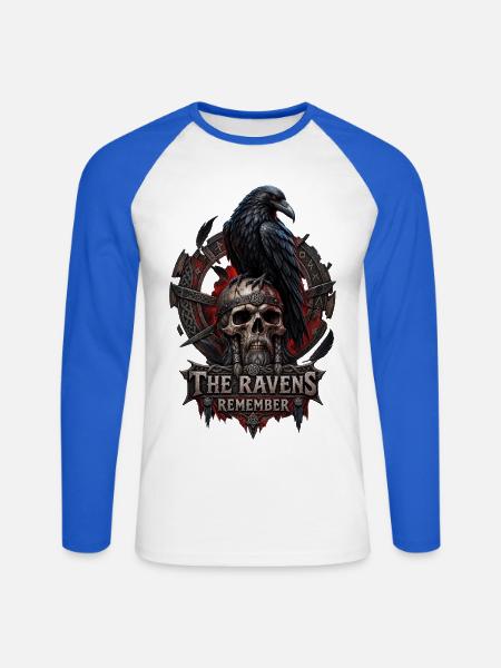 The Ravens Remember – Wikinger Raben Design - Unisex Baseballshirt langarm - Weiß/Royalblau