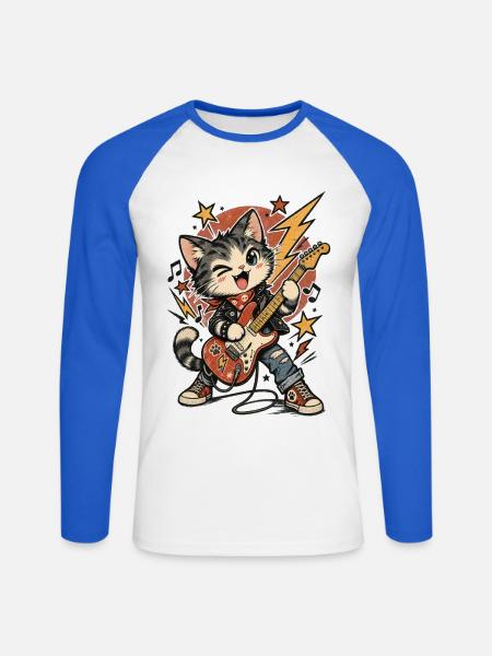 Rock Guitar Cat - Unisex Baseballshirt langarm - Weiß/Royalblau