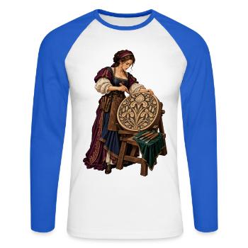 Mittelalterliches Schildornament - Unisex Baseballshirt langarm - Weiß/Royalblau - Vorne - Nik (191cm)