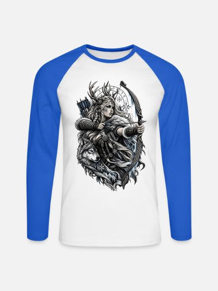 Wikinger Bogenschützin mit Wolf – Noventra - Unisex Baseballshirt langarm - Weiß/Royalblau