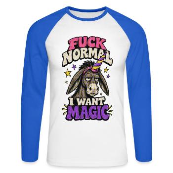 Scheiß auf Normal – ich will Magie - Unisex Baseballshirt langarm - Weiß/Royalblau - Vorne - Nik (191cm)