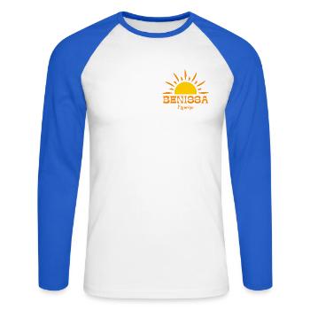 Benissa Espana Sunrise Design - Unisex Long Sleeve Baseball T-Shirt - white/royal blue - Front - Nik (191cm)