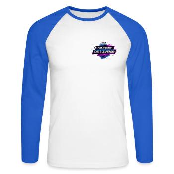 L'Audace de l'Avenir 2025 - T-shirt baseball manches longues Homme - blanc/bleu royal - Devant - Nik (191cm)