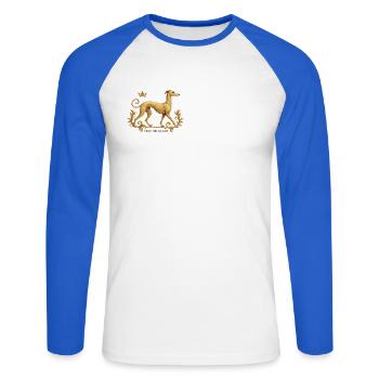 Libérez le Galgo - Broderie n°01 - T-shirt baseball manches longues Homme - blanc/bleu royal - Devant - Nik (191cm)