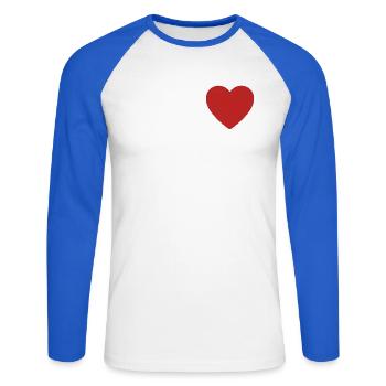 Rotes Herz Symbol Druck - Unisex Baseballshirt langarm - Weiß/Royalblau - Vorne - Nik (191cm)