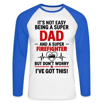 Heart + Fire Brigade – Super Dad Firefighter - Unisex Long Sleeve Baseball T-Shirt - white/royal blue - Front - Nik (191cm)