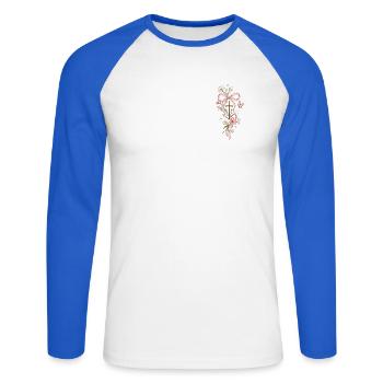 Blütenkreuz mit Rosa Band - Unisex Baseballshirt langarm - Weiß/Royalblau - Vorne - Nik (191cm)