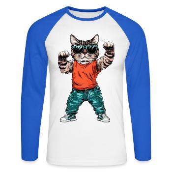 Chat cool - T-shirt baseball manches longues Homme - blanc/bleu royal - Devant - Nik (191cm)