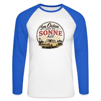 Osten Sonnenaufgang Ossi - Unisex Baseballshirt langarm - Weiß/Royalblau - Vorne - Nik (191cm)