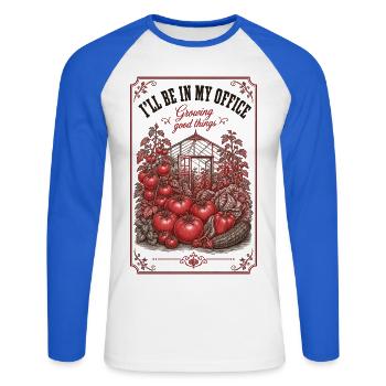 Ich bin in meinem Büro und baue gute Dinge an, gärtnere - Unisex Baseballshirt langarm - Weiß/Royalblau - Vorne - Nik (191cm)