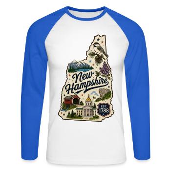 New Hampshire Vintage State Pride Aufkleber - Unisex Baseballshirt langarm - Weiß/Royalblau - Vorne - Nik (191cm)