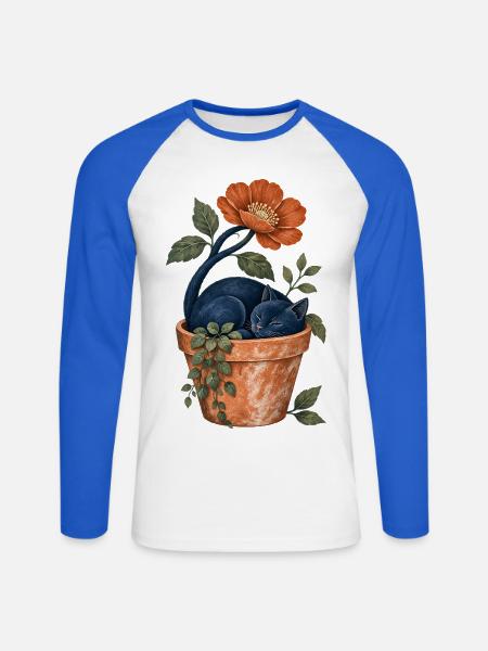 Schlafende Katze im Garten - Unisex Baseballshirt langarm - Weiß/Royalblau