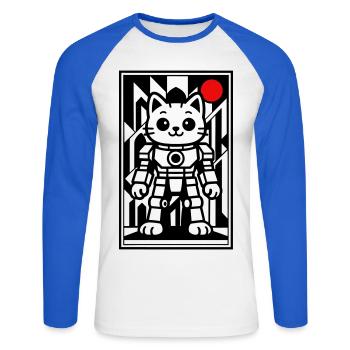 Cat robot in space with red planet - Unisex Long Sleeve Baseball T-Shirt - white/royal blue - Front - Nik (191cm)