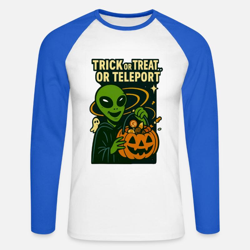 Alien Halloween T-Shirt – Süßes oder Saures... oder... - Unisex Baseballshirt langarm - Weiß/Royalblau