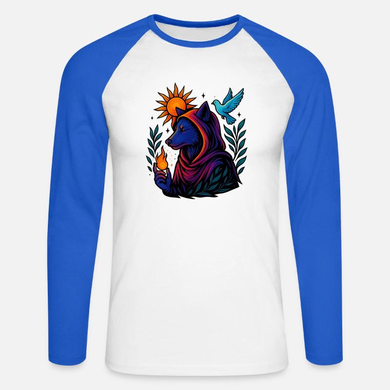 Flamme des Geistes – Kosmische Wolfskunst - Unisex Baseballshirt langarm - Weiß/Royalblau
