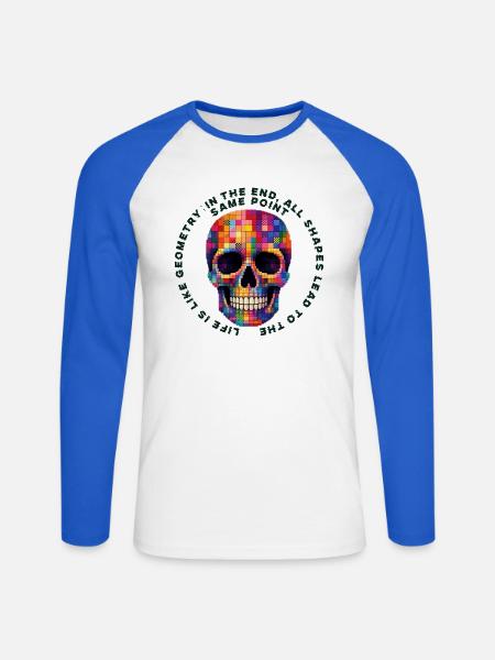 Bunter Patchwork Schädel - Unisex Baseballshirt langarm - Weiß/Royalblau